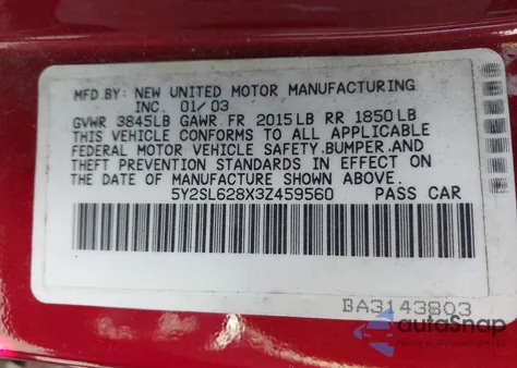 2003 Pontiac Vibe from USA, damaged, VIN 5Y2SL628X3Z459560